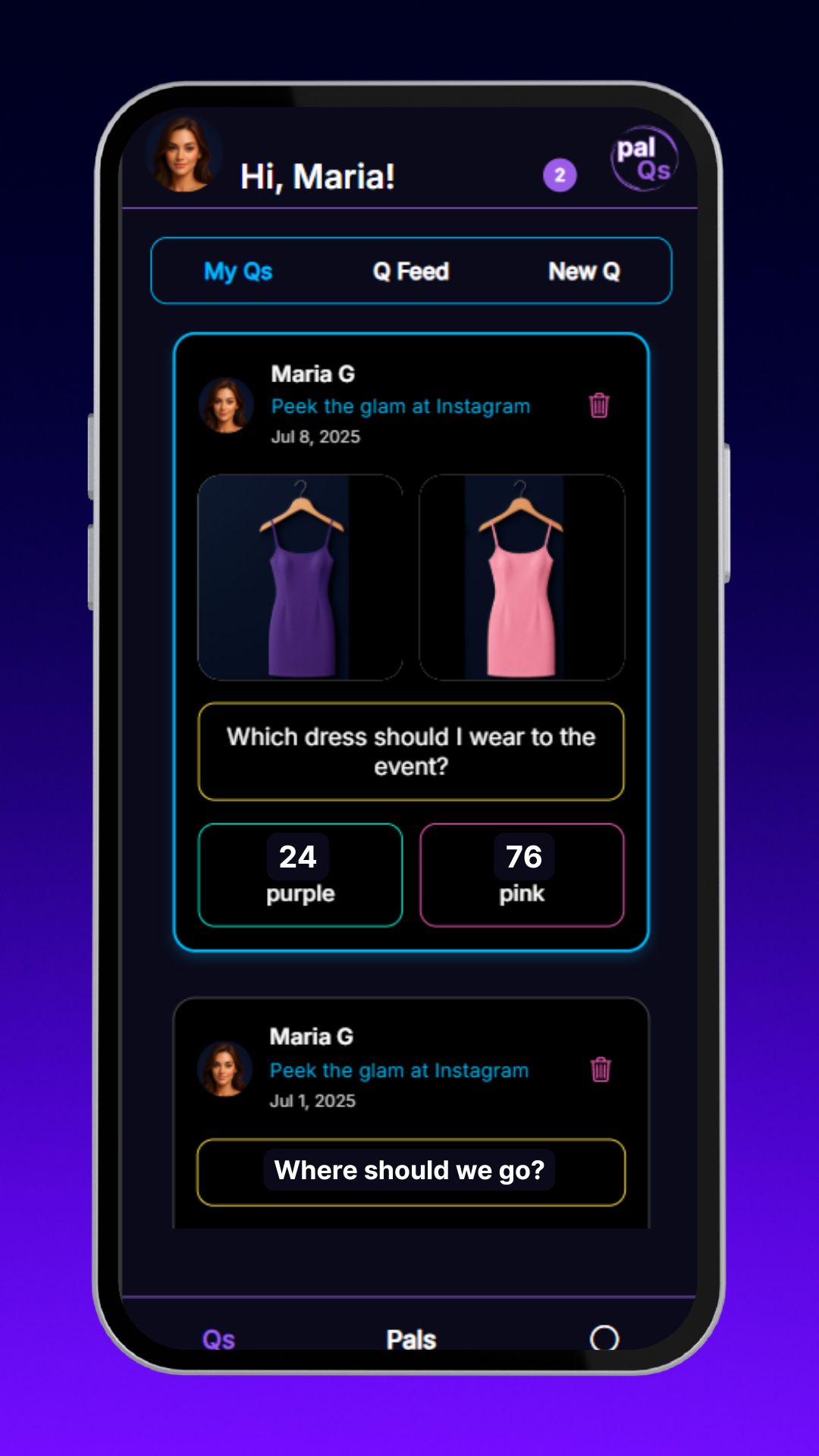 PalQs voting app showing live votes and instant feedback from friends
