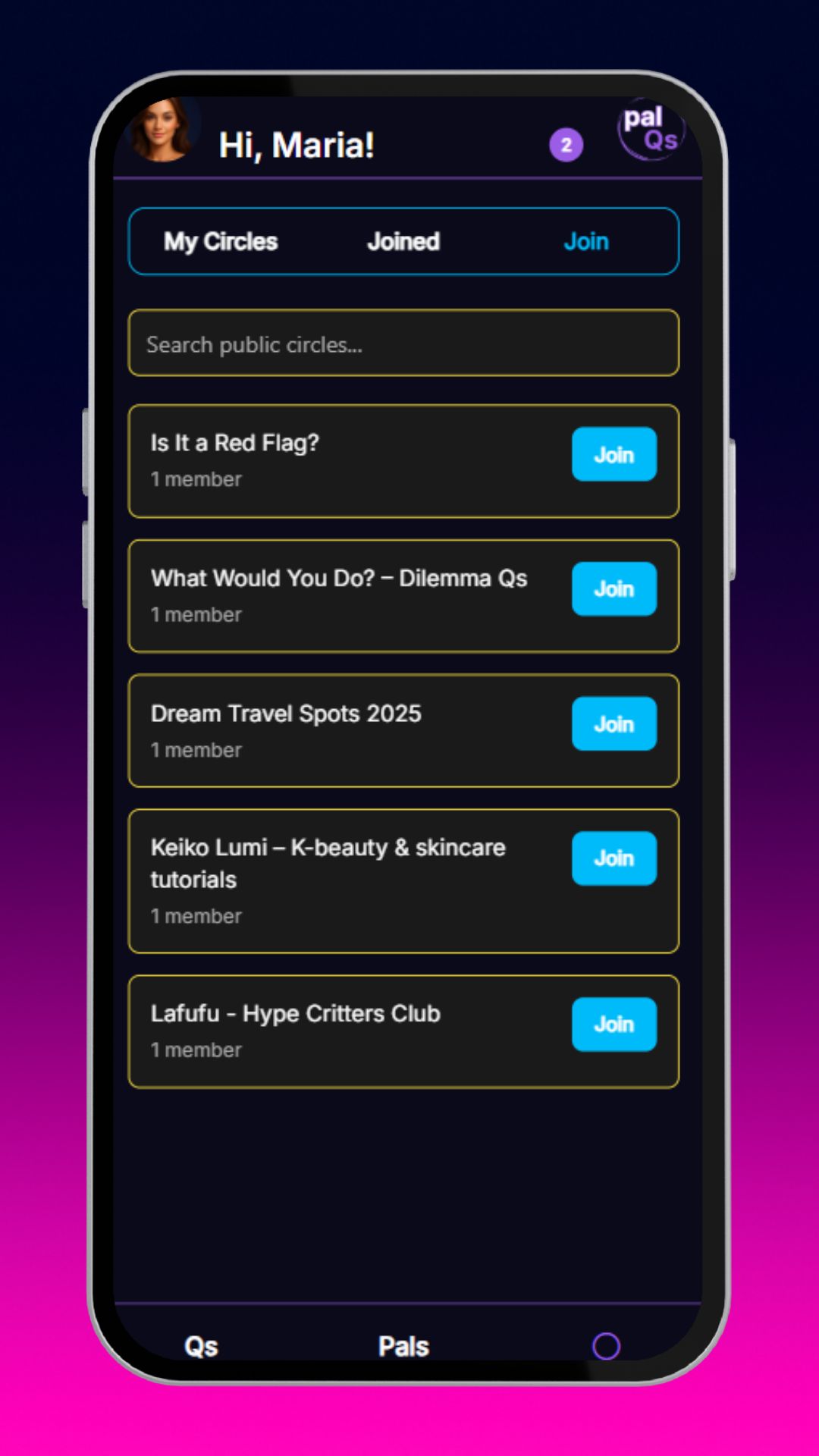 PalQs community engagement app showing circles and followers