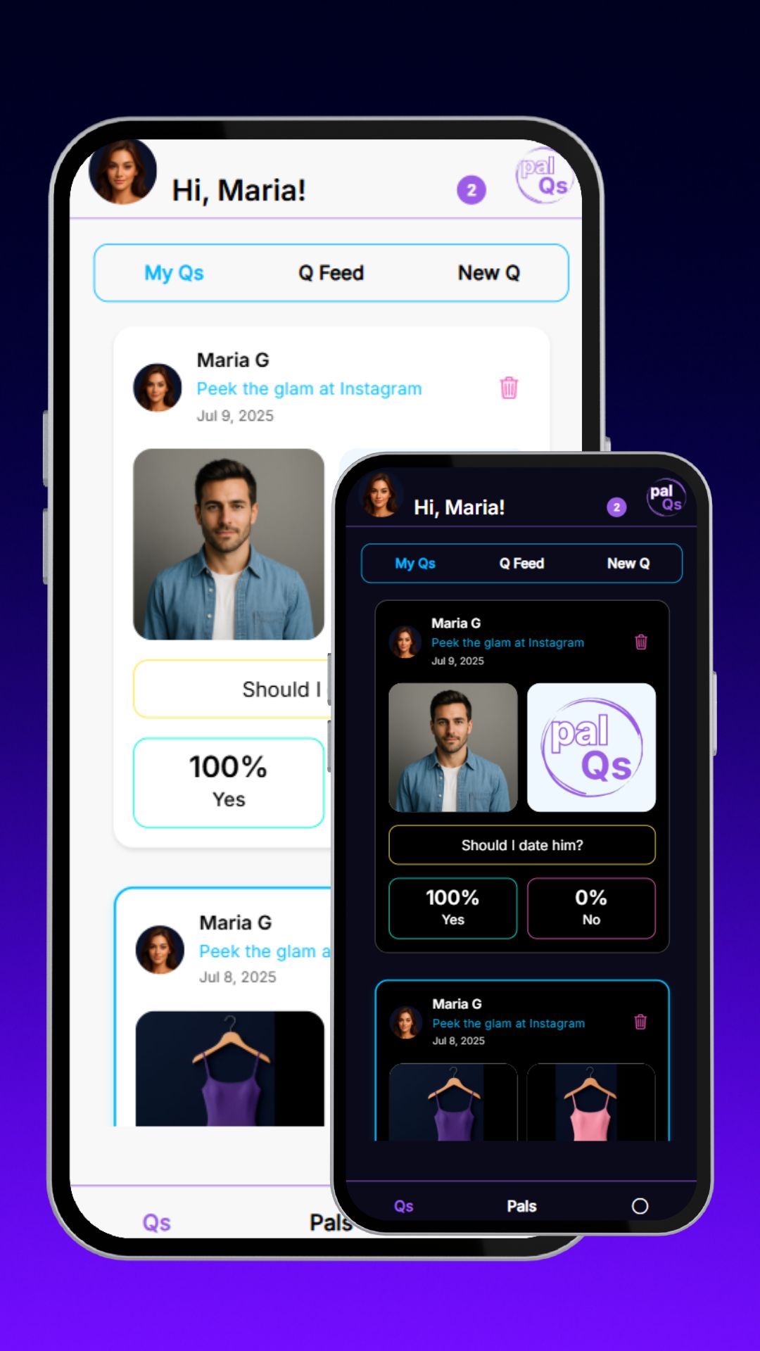 PalQs voting app interface in dark and light mode for better user experience